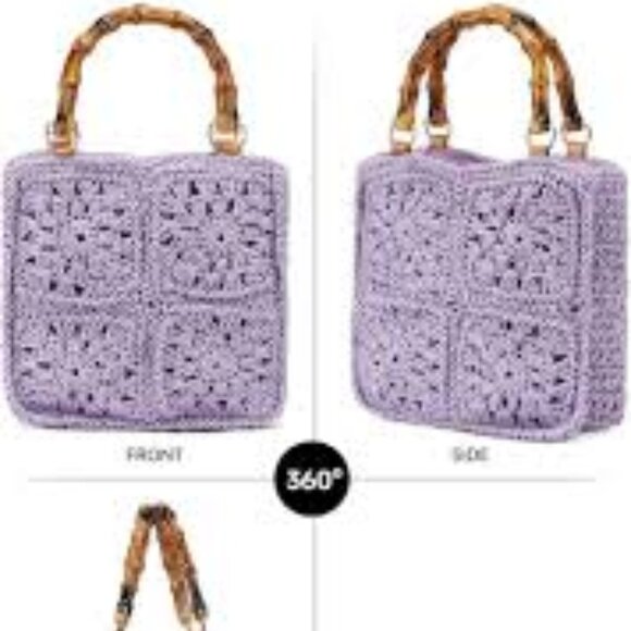 2 For $20 Lilac Crochet Handbag with Bamboo Handles – Boho Summer Shoulder Purse - Picture 4 of 4